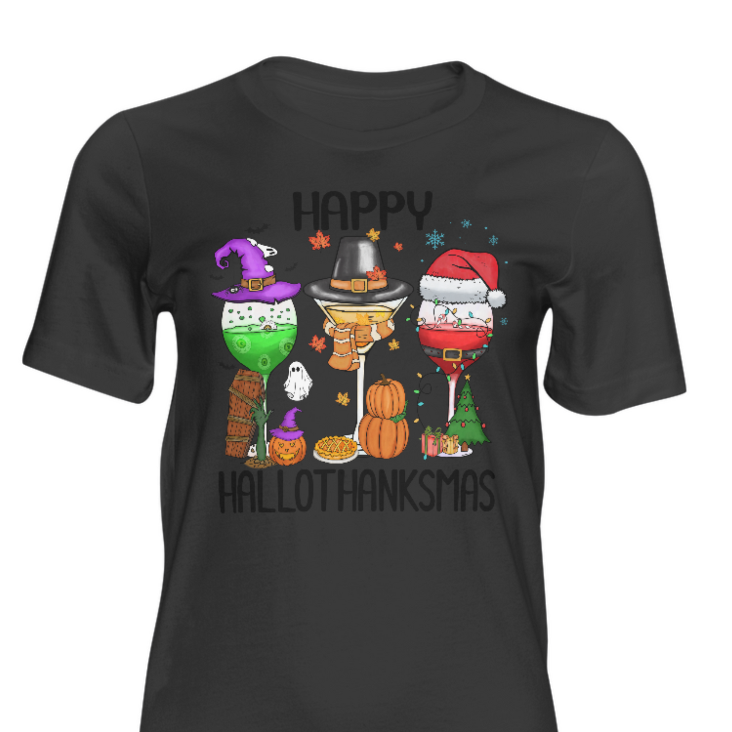 Happy Hallowthanksmas Wine Glasses Shirt