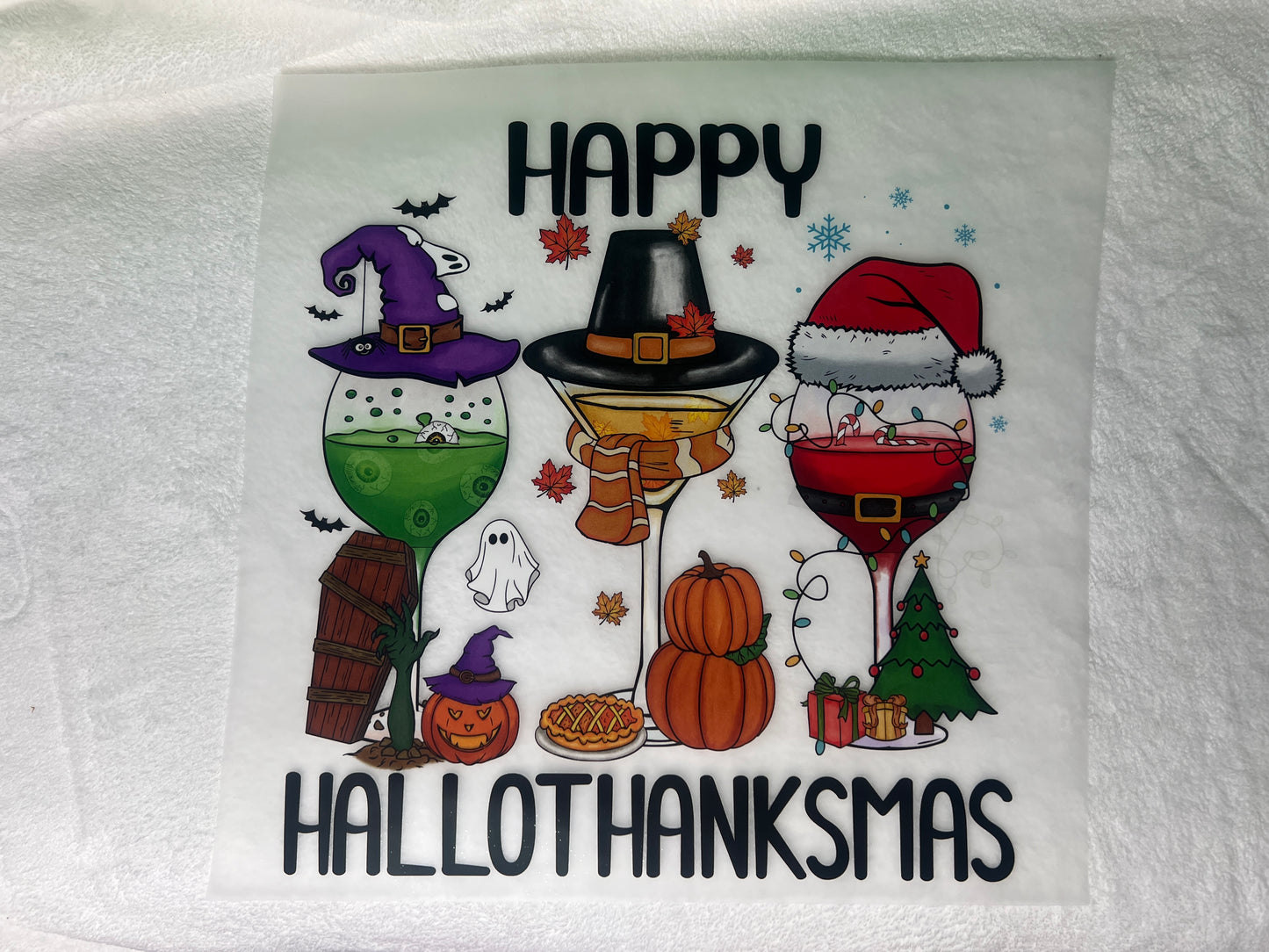 DTF Transfer "Happy Hallowthanksmas Wine Glasses " Design