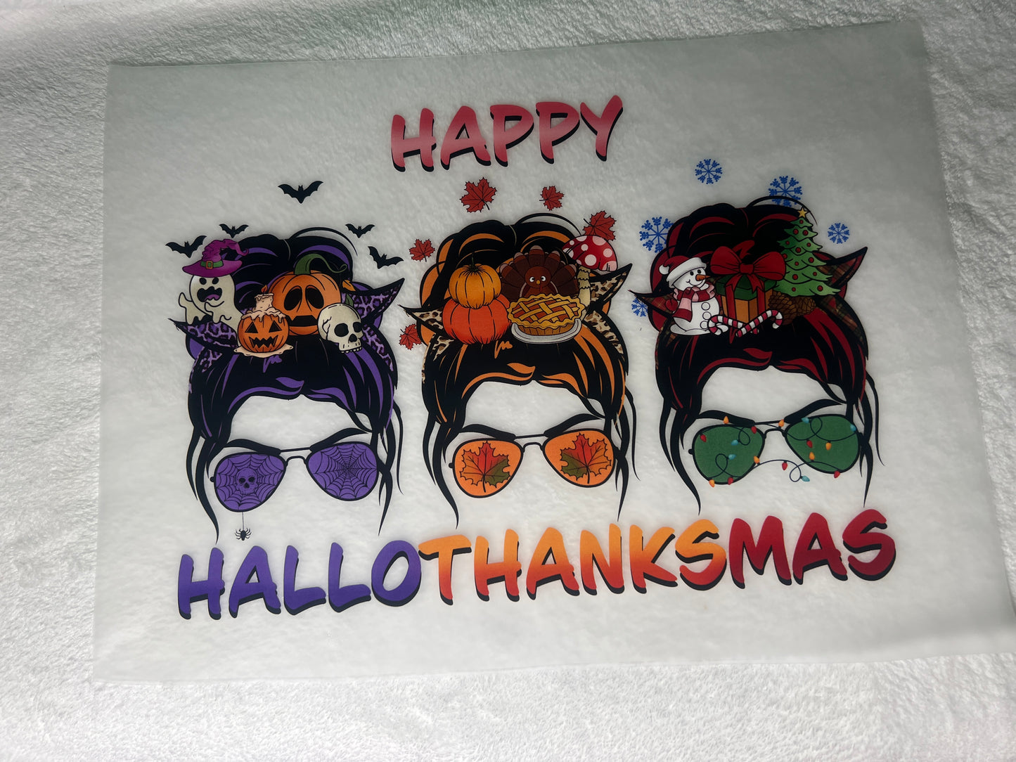 DTF Transfer "Happy Hallowthanksmas 3 Ladies Colorful Glasses" Design