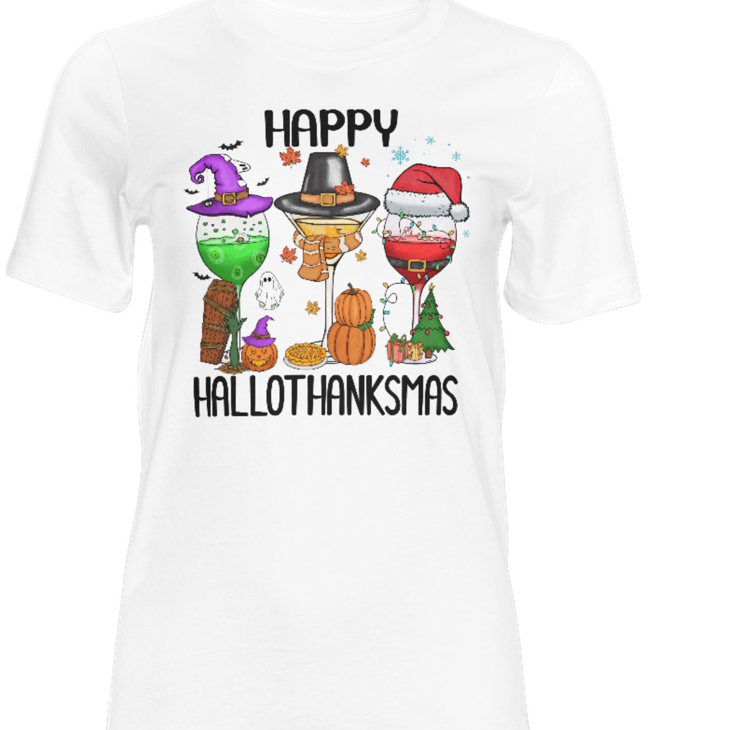 Happy Hallowthanksmas Wine Glasses Shirt