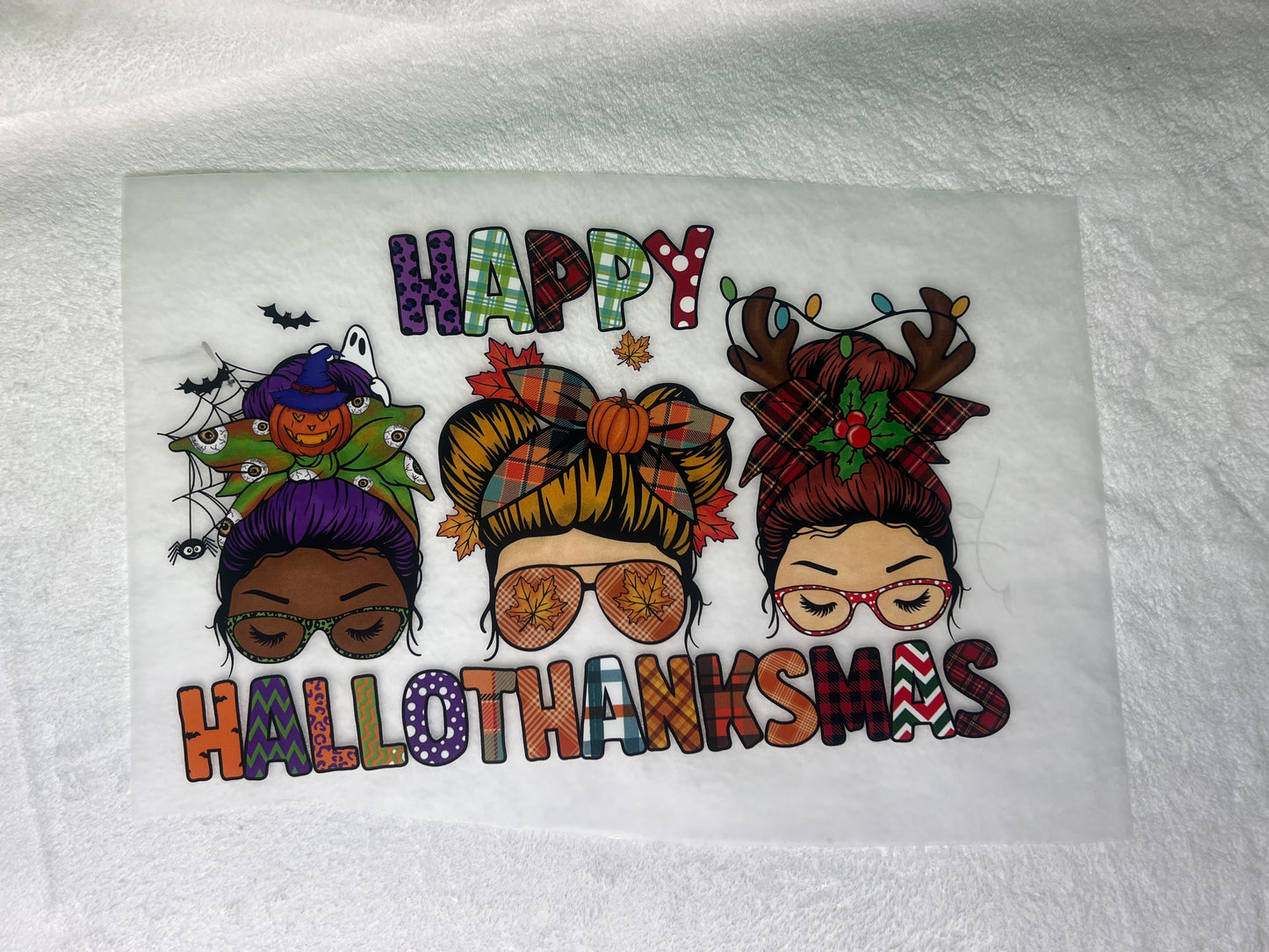 DTF Transfer "Happy Hallowthanksmas 3 Ladies Colorful Happy " Design